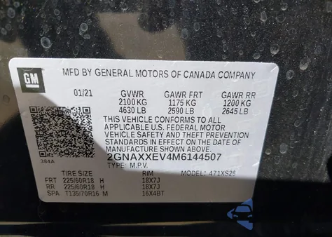 2021 Chevrolet Equinox Awd Premier z USA, uszkodzony, nr VIN 2GNAXXEV4M6144507